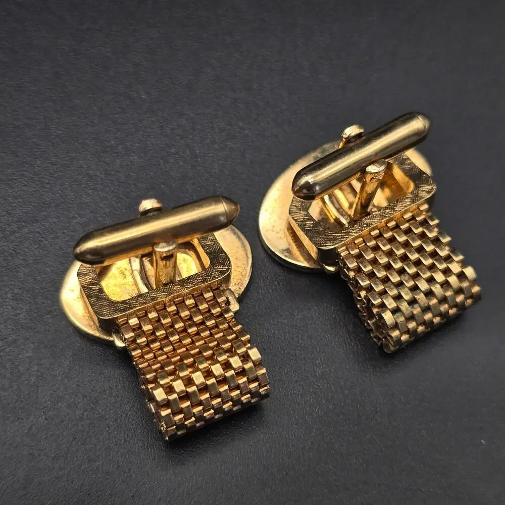 Gold Tone Oval Cufflinks with Gold Tone Mesh Vintage Men's Accessory